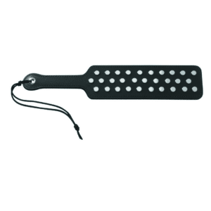 spartacus black leather studded frat paddle impact play spanking sting spank me metal and real leather sex toy bdsm submissive dominant masochist