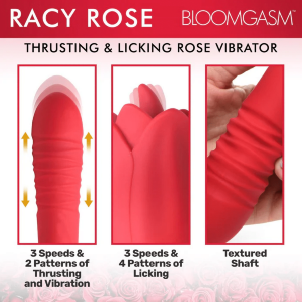 bloomgasm racy rose thrusting licking stimulator clitor and g spot stimulation red orgasm female toy real feel tongue