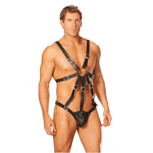 elegant moments male leather body harness with pouch penis pouch festival sex party rave outfit faux leather bet buckle strap and closures male harness large metal o ring