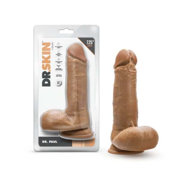 dr skin dr paul dildo with balls 7.5 inches caramel realistic veiny high quality silicone fake penis strap on harness compatible suction cup base hands free solo or partner play